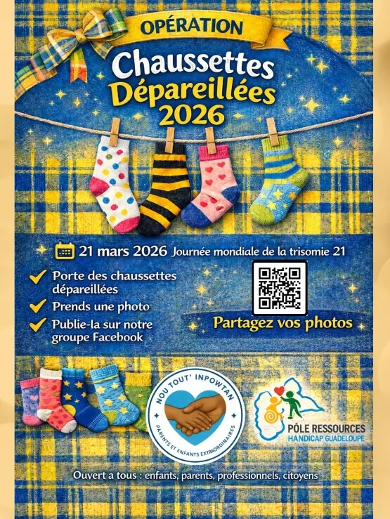 Affiche de l’opération Chaussettes dépareillées 2026 : quatre chaussettes différentes sur une corde à linge, sur un fond de madras