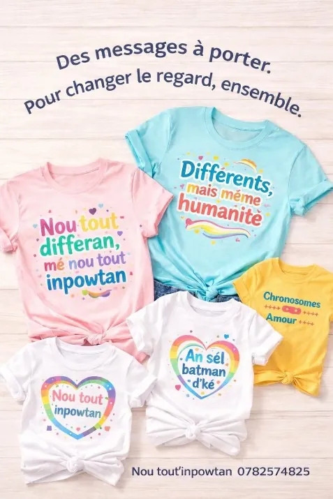Cinq tee-shirts colorés aux messages inclusifs, dont « Différents, mais même humanité » et « Nou tout differan, mé nou tout inpowtan »