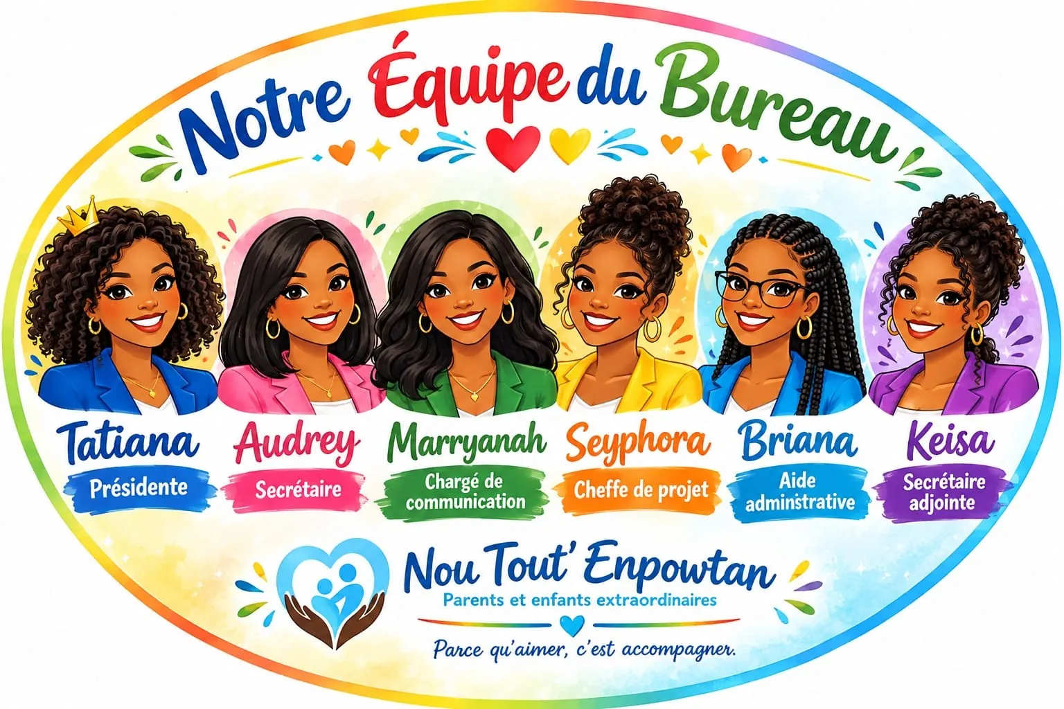 Illustration de l’équipe du bureau : Tatiana, Audrey, Marryanah, Seyphora, Briana et Keisa